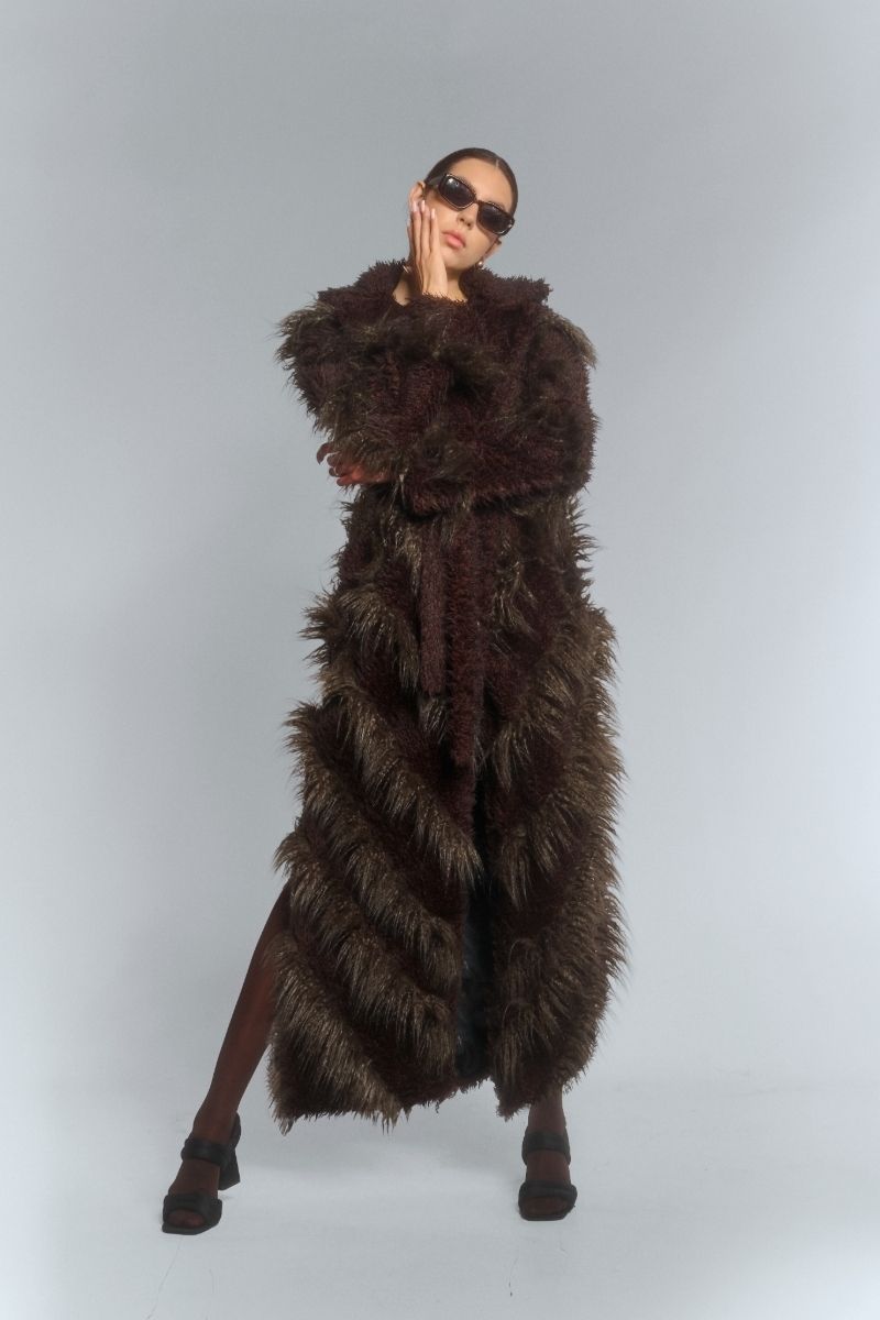 FAUX FUR MAXI COAT WITH DIAGONAL PANELS IN BROWN - CULT MIA