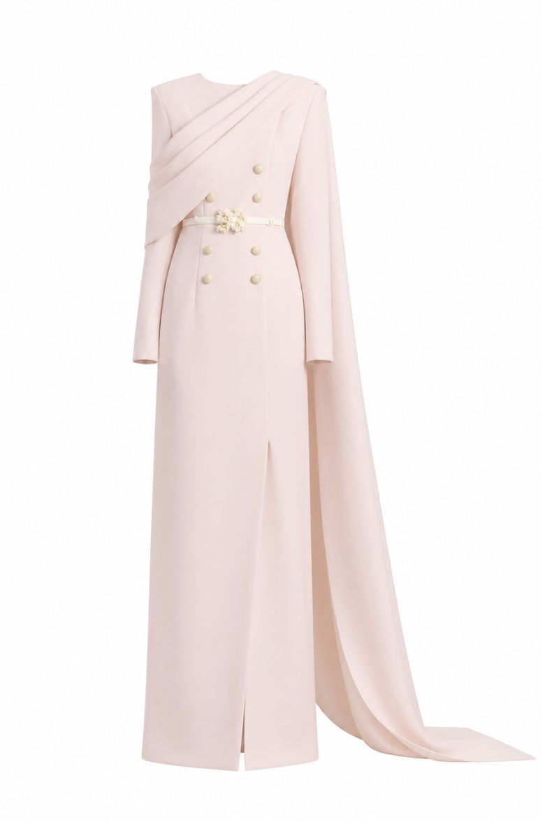 White Plan Miranda gown, elegant white dress with flowing fabric and detailed design, perfect for formal occasions.