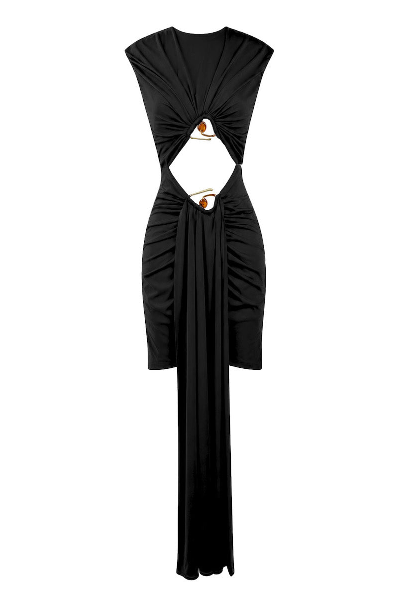 Black ELIOTH mini dress by Gigii's featuring a fitted silhouette and stylish design, shown on a model.
