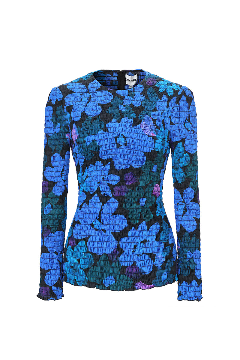 SHIRRED PRINTED TOP IN BLUE