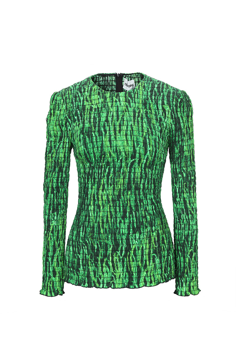 SHIRRED PRINTED TOP IN GREEN