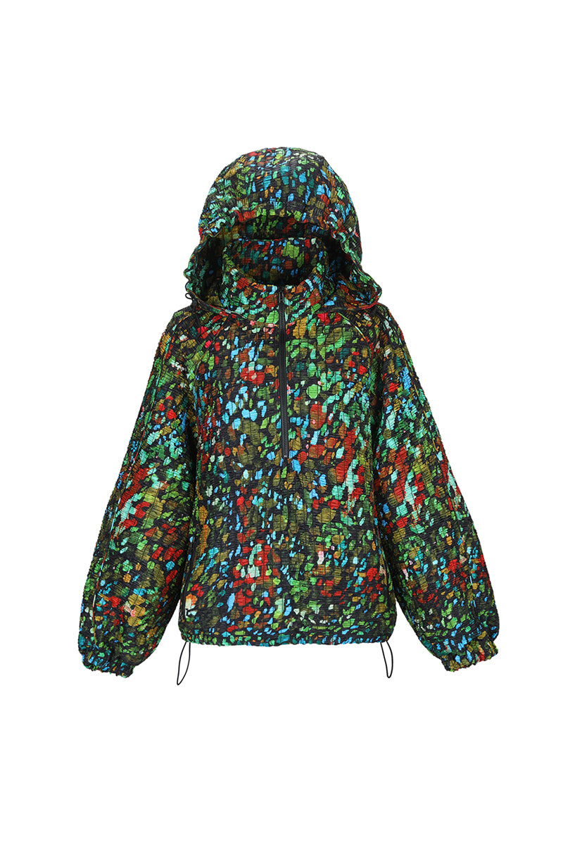Multicolor printed shirred windbreaker from Chictopia, showcasing vibrant design and lightweight fabric, perfect for casual outdoor wear.