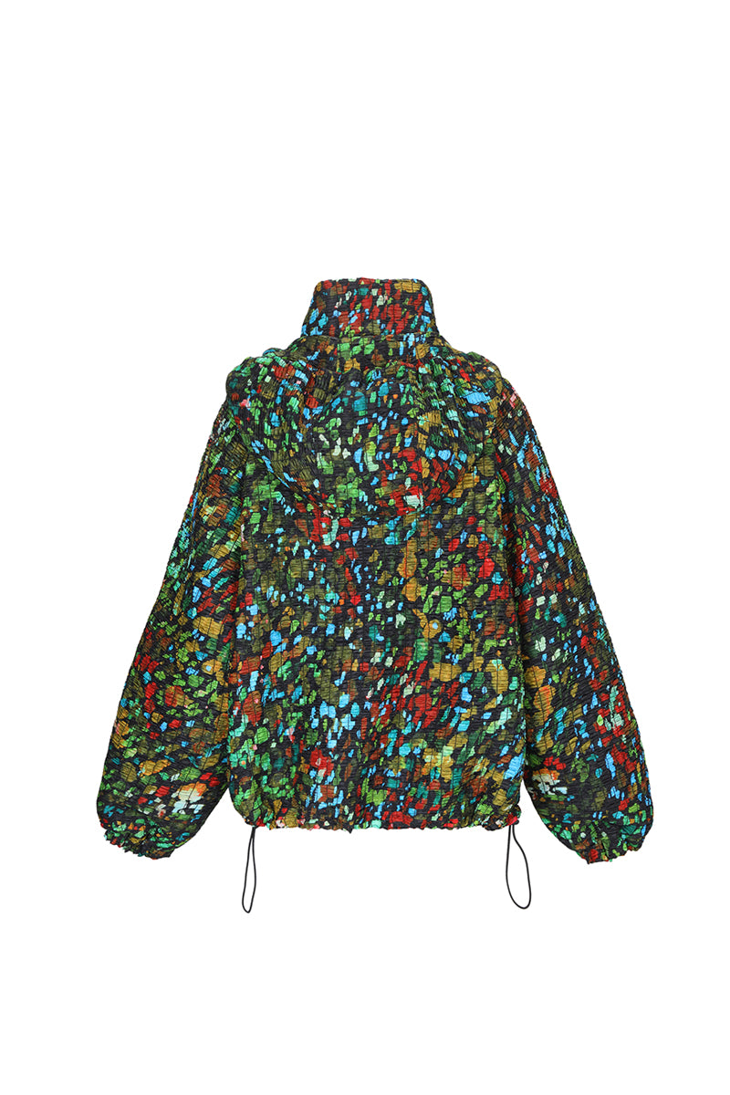 Printed shirred windbreaker in multicolor, stylish Chictopia tops with a lightweight, casual design and vibrant pattern.
