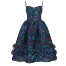 Chictopia Midnight Bloom Shirred Dress in multicolor, knee-length midi dress with a fitted bodice and flowy skirt, perfect for summer.