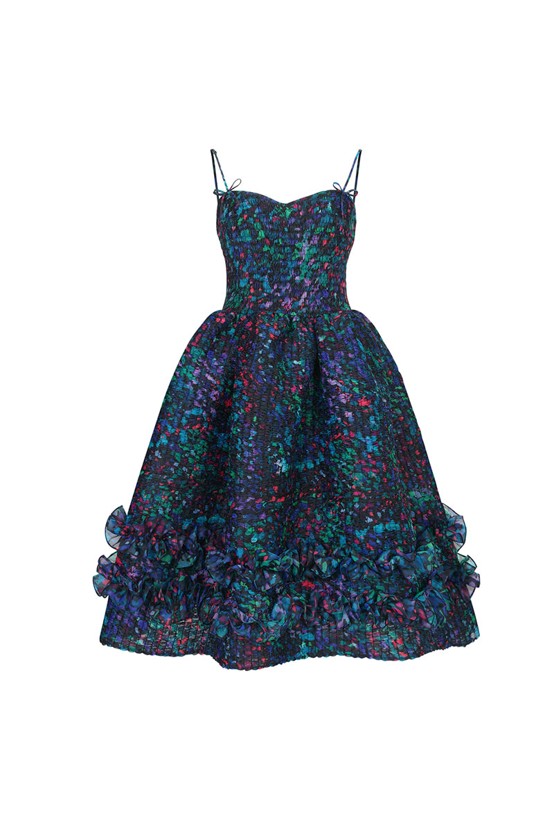 MIDNIGHT BLOOM SHIRRED DRESS IN MULTICOLOR