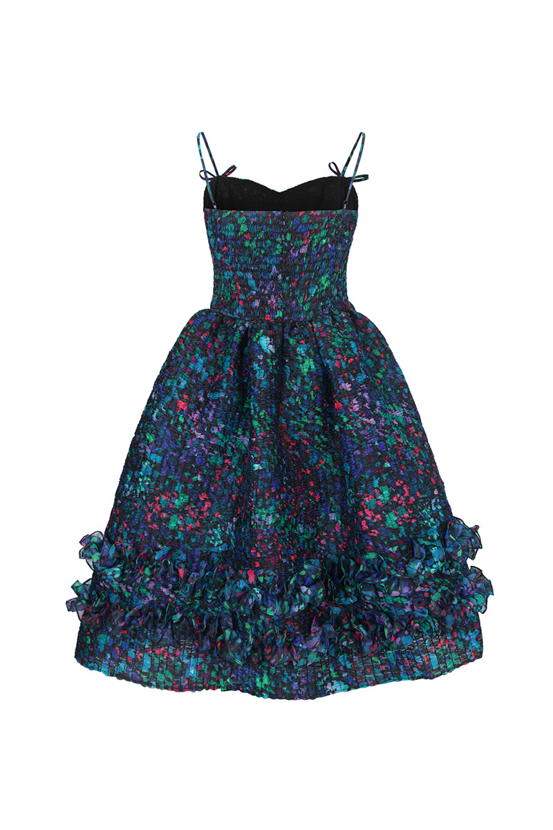 Chictopia Midnight Bloom shirred midi dress in multicolor with floral pattern and lightweight fabric, perfect for summer wear.