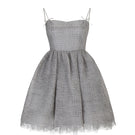 Gray Chictopia Ethereal shirred silk mini dress with a flowing, elegant design and intricate detailing.