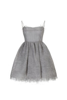Gray Chictopia Ethereal shirred silk mini dress with a flowing, elegant design and intricate detailing.