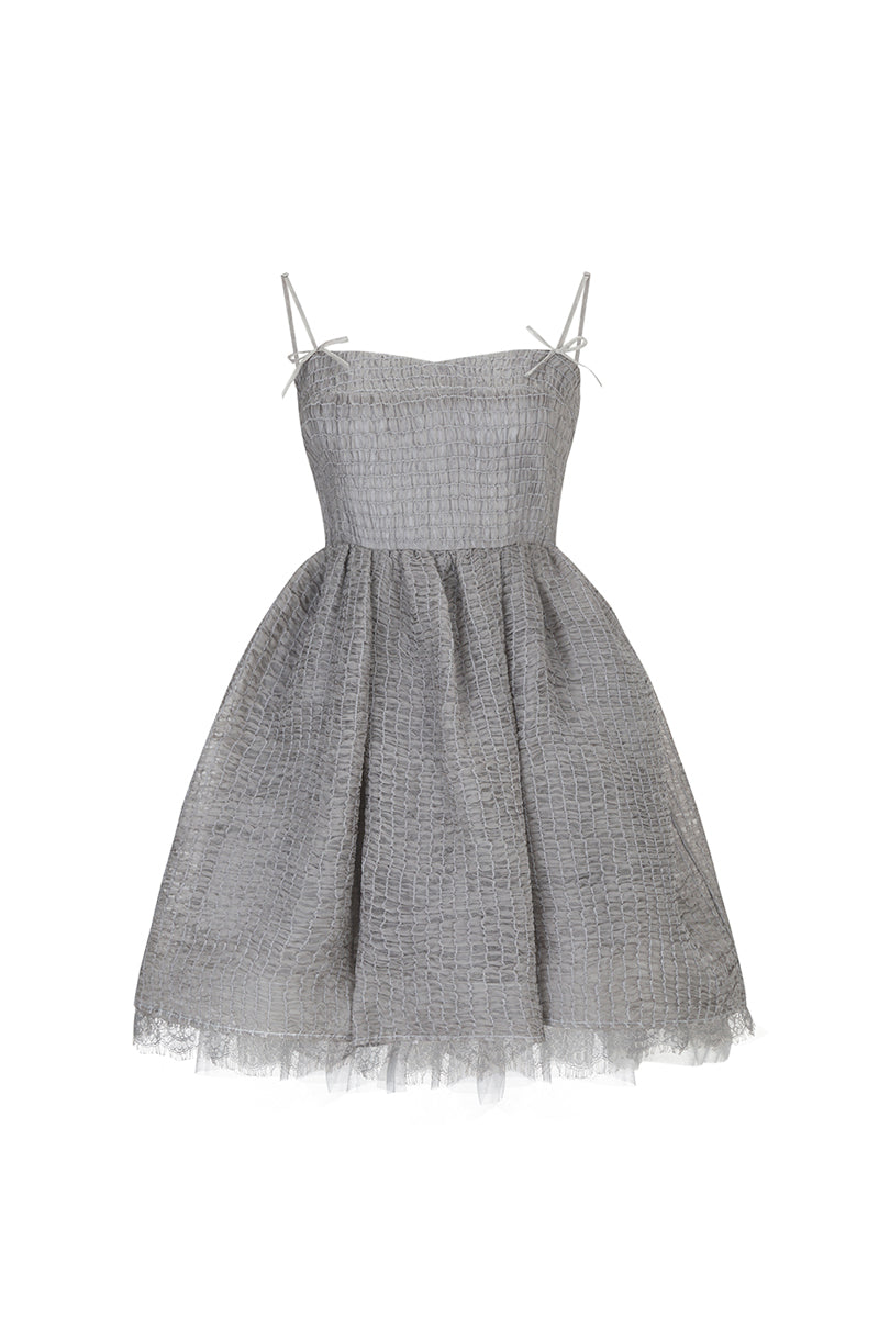 Gray Chictopia Ethereal shirred silk mini dress with a flowing, elegant design and intricate detailing.
