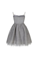 Gray Chictopia Ethereal Shirred Silk Dress, a stylish mini dress with a flowing, elegant design.