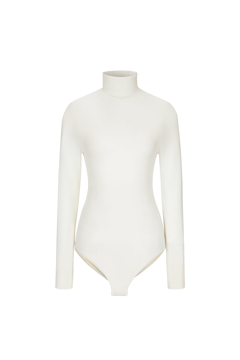 Chictopia ivory merino wool bodysuit, long-sleeve top with fitted design and ribbed texture, perfect for layering or casual wear.