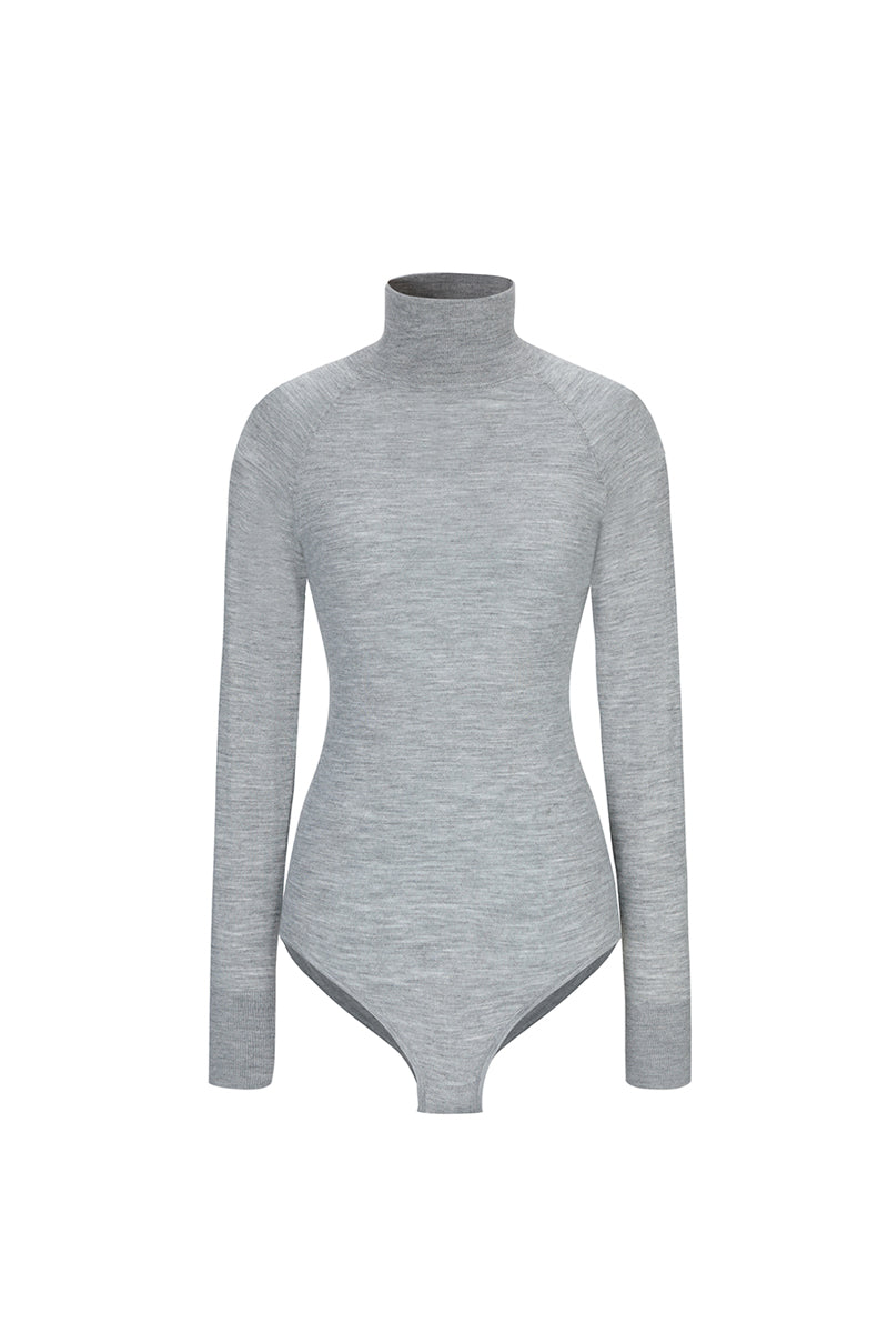 Chictopia gray merino wool bodysuit, a cozy tops with long sleeves and fitted design, perfect for layering or casual wear.
