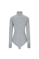 Chictopia gray merino wool bodysuit displayed on a hanger, showcasing soft knit fabric and fitted design for stylish tops.