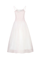 Light pink Cynthia maxi dress by Chictopia displayed on a hanger, showcasing its flowy fabric and elegant design.