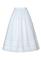 Ivory midi skirt from Chictopia, stylish and flowing, shown on a hanger with soft fabric details visible.