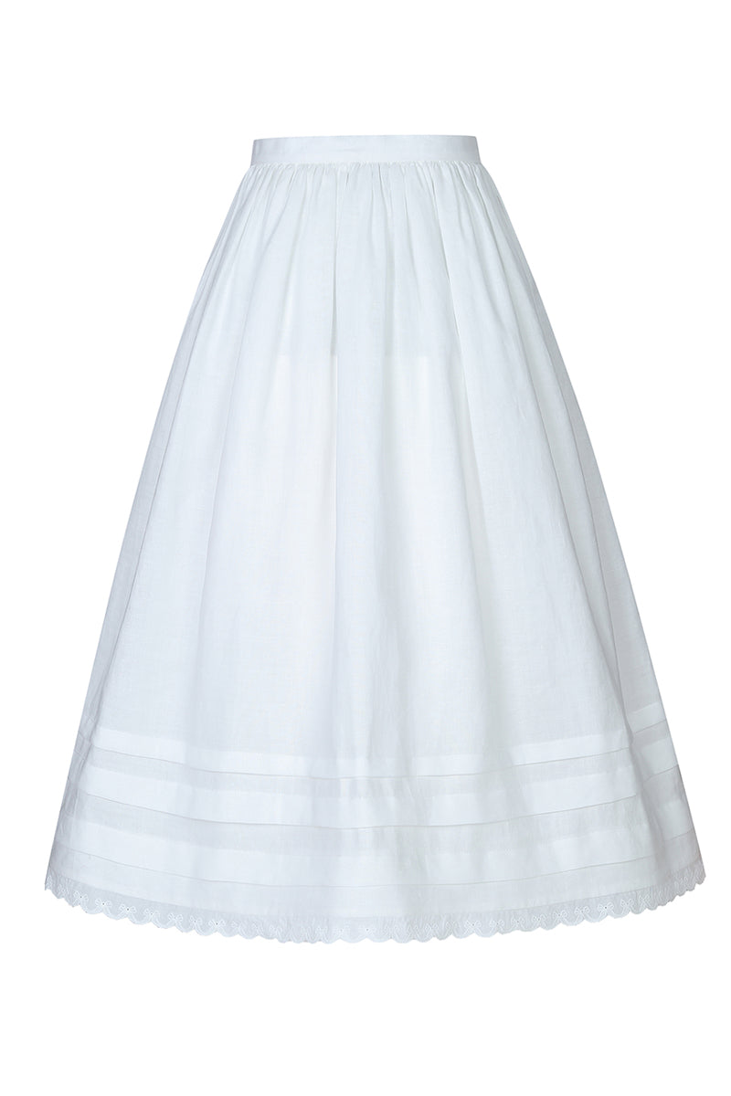 Ivory midi skirt from Chictopia, stylish and flowing, shown on a hanger with soft fabric details visible.