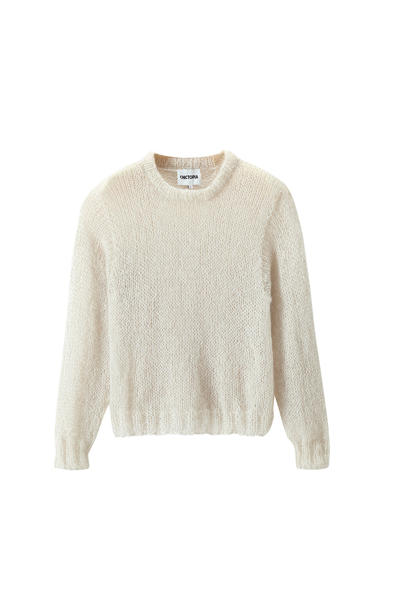 Light gray hand-knitted sweater by Chictopia, featuring a cozy, textured knit pattern and a relaxed fit.