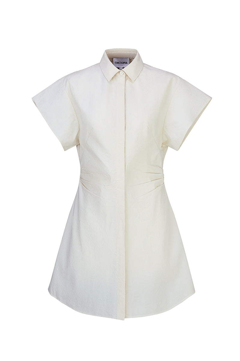 Chictopia poplin shirt dress in stone shown as a stylish mini dress with a button-front design and collar detail.