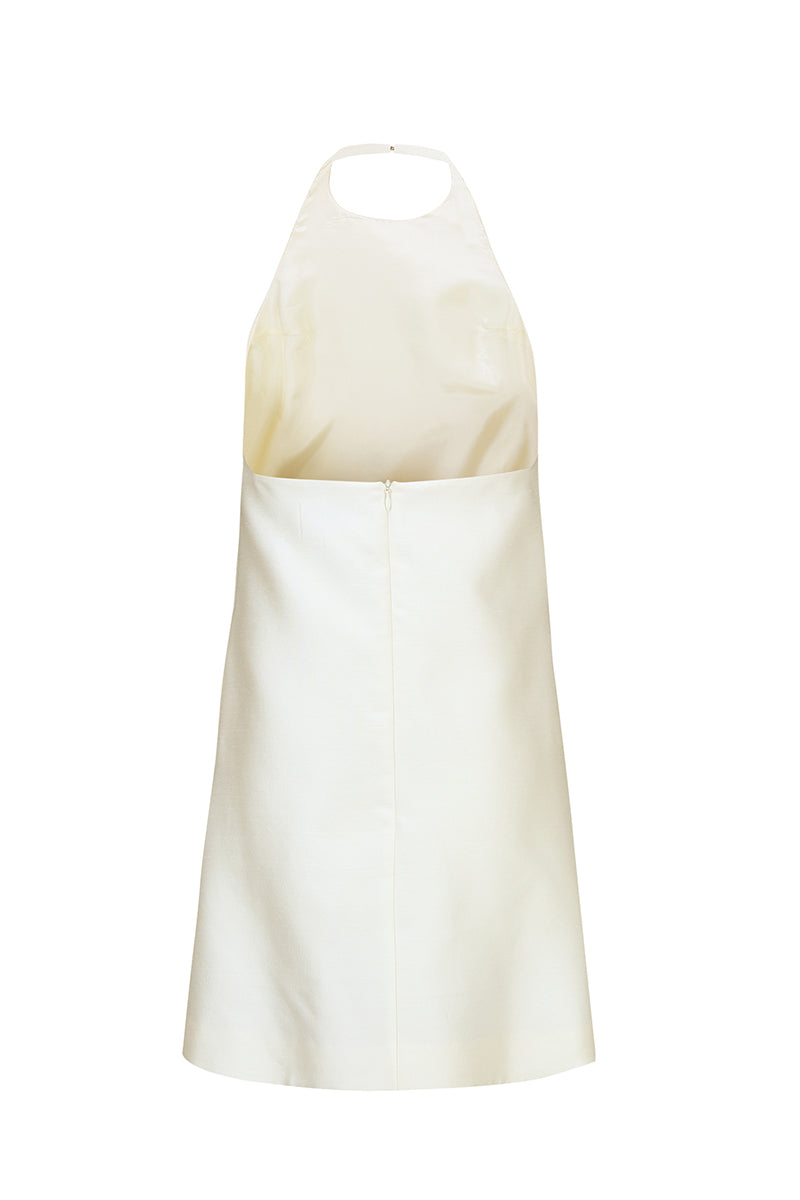 Ivory silk wool mini dress by Chictopia, showcasing a stylish and elegant design with a fitted silhouette and soft fabric texture.