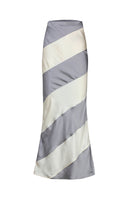 Chictopia silk satin maxi skirt in elegant gray and cream, flowing design with smooth fabric and a stylish, sophisticated look.