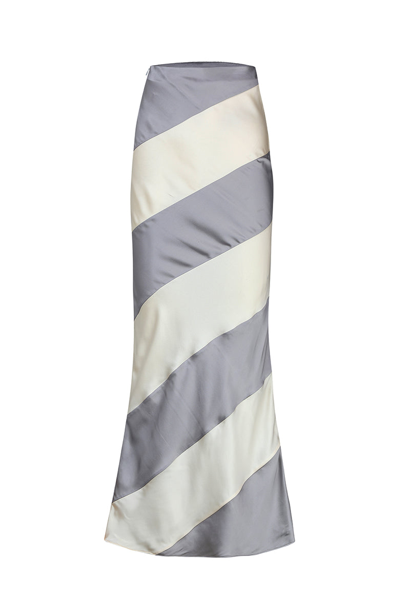 Chictopia silk satin maxi skirt in elegant gray and cream, flowing design with smooth fabric and a stylish, sophisticated look.