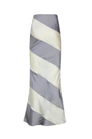 Gray and cream silk satin maxi skirt by Chictopia, flowing fabric with elegant drape and stylish design.