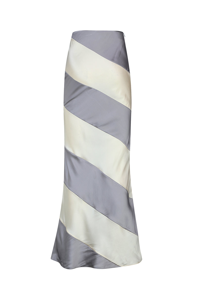 Gray and cream silk satin maxi skirt by Chictopia, flowing fabric with elegant drape and stylish design.