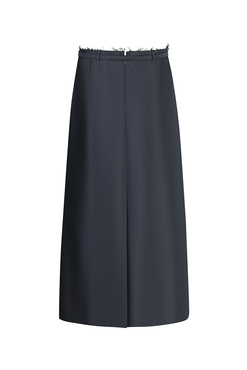 Black silk wool midi skirt by Chictopia, showcasing a smooth, flowing fabric with a stylish, tailored fit.