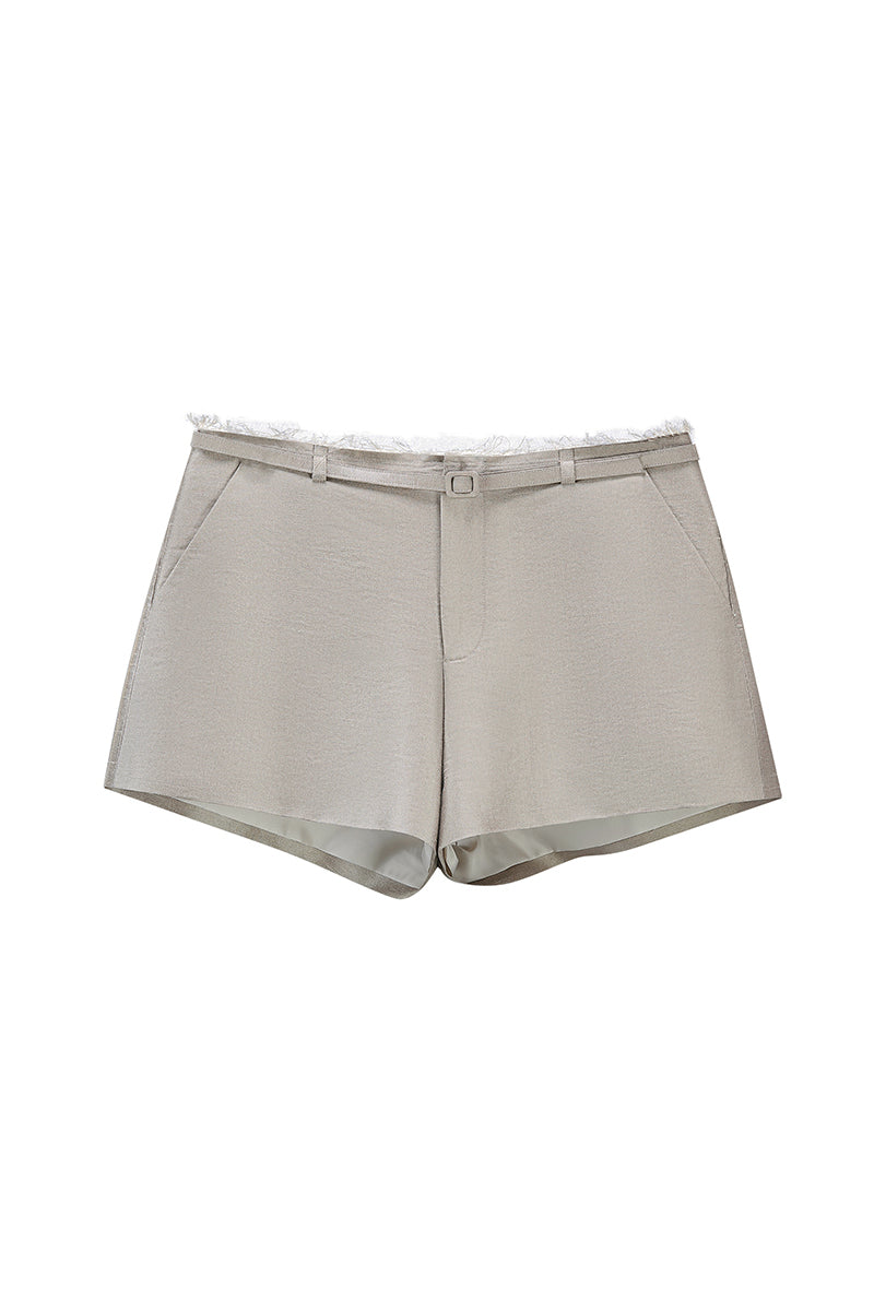 Chictopia taffeta shorts in oyster color, lightweight and stylish, shown laid flat with smooth fabric and clean design.