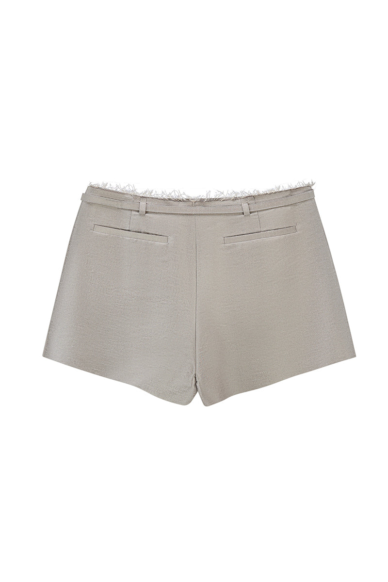 Chictopia taffeta shorts in oyster color, featuring a stylish fitted waist and smooth satin-like fabric for a chic look.