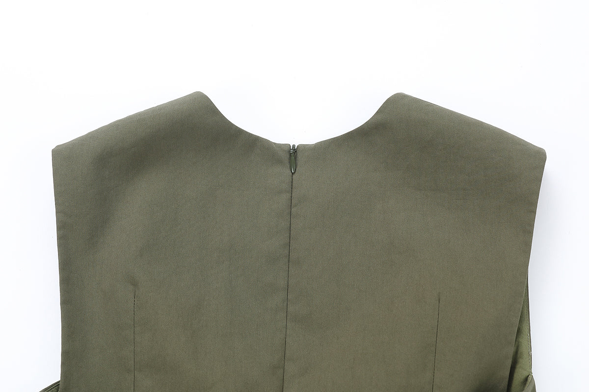 Khaki cotton mini dress by Chictopia, featuring a casual fit and sleeveless design with a round neckline.