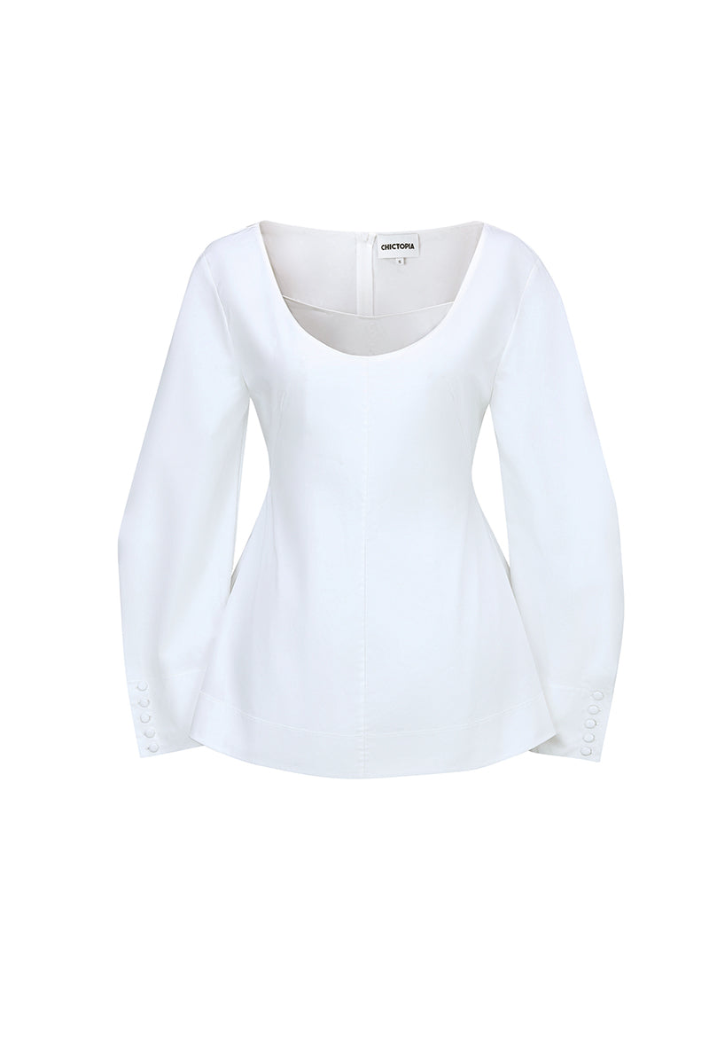 Chictopia ivory poplin blouse, lightweight button-up tops with long sleeves and a classic collar, casual elegant fashion piece.