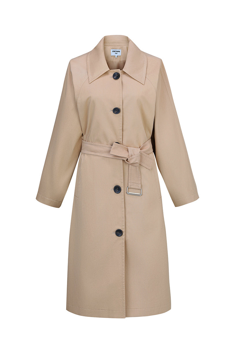 Beige cotton trench coat by Chictopia showing classic double-breasted design with belt and lapel collar.