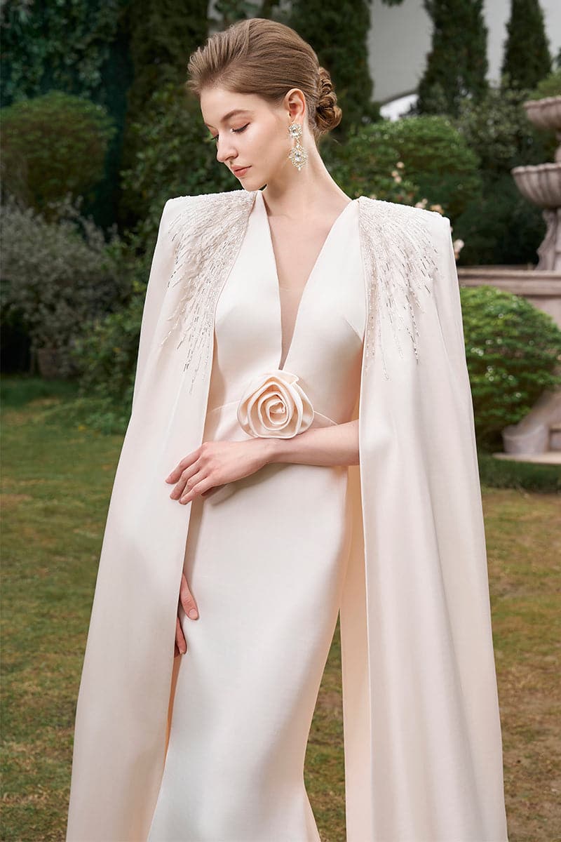 V-NECK GOWN WITH PLEATED LONG CAPE | CULT MIA | I.H.F V-NECK GOWN WITH PLEATED LONG CAPE | CULT MIA | I.H.F