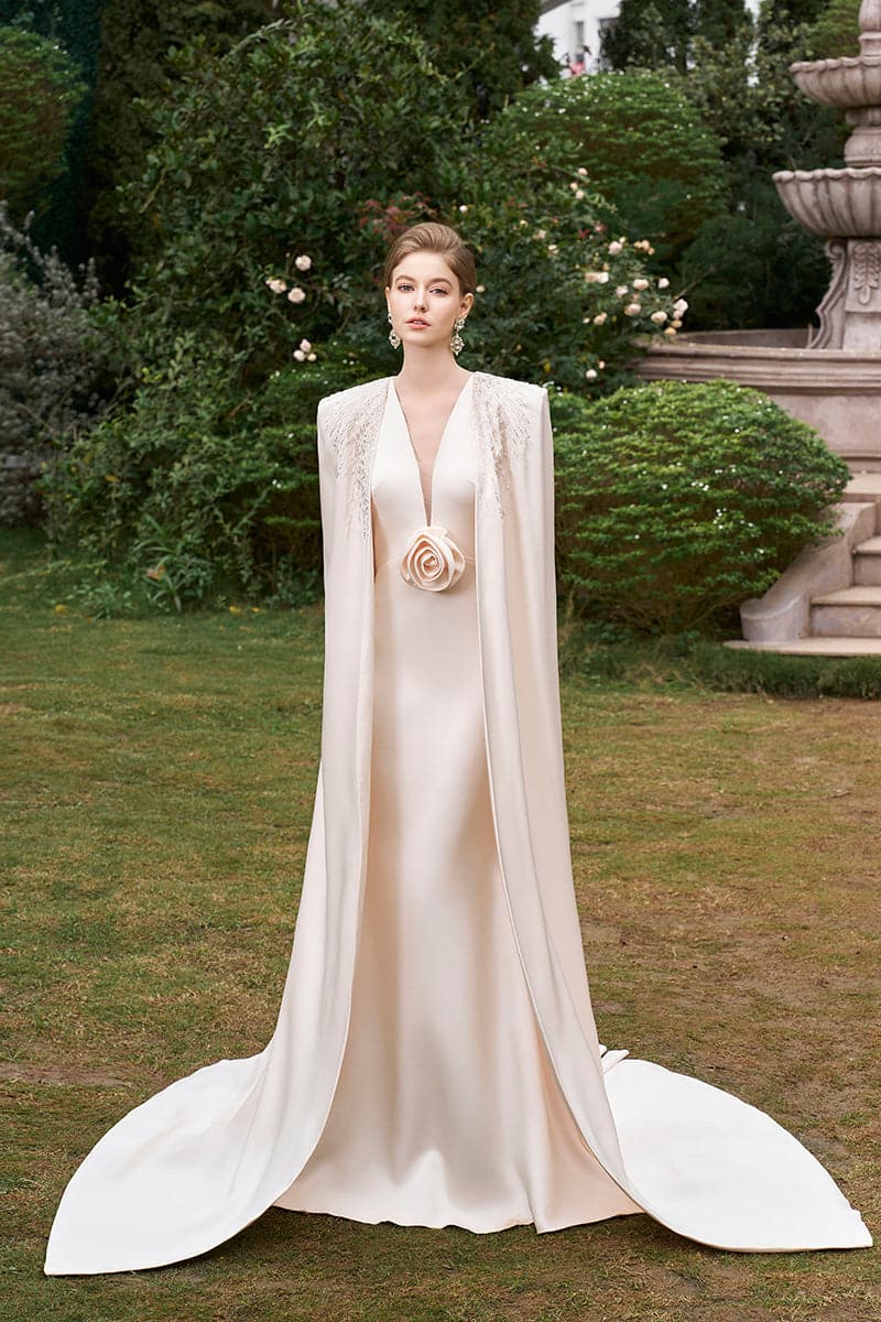 V-NECK GOWN WITH PLEATED LONG CAPE - CULT MIA