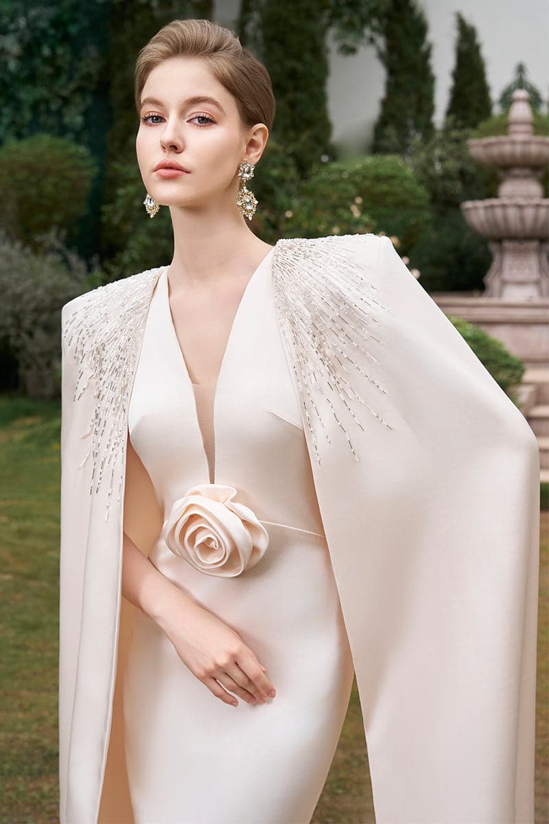 capelet dress long V-NECK GOWN WITH PLEATED LONG CAPE | CULT MIA
