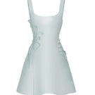 Blue CULT MIA X STOLEN STORES corset A-line mini dress, stylish and fitted, displayed on a hanger with a blurred background.
