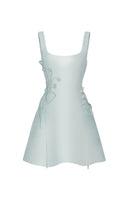Blue CULT MIA X STOLEN STORES corset A-line mini dress, stylish and fitted, displayed on a hanger with a blurred background.