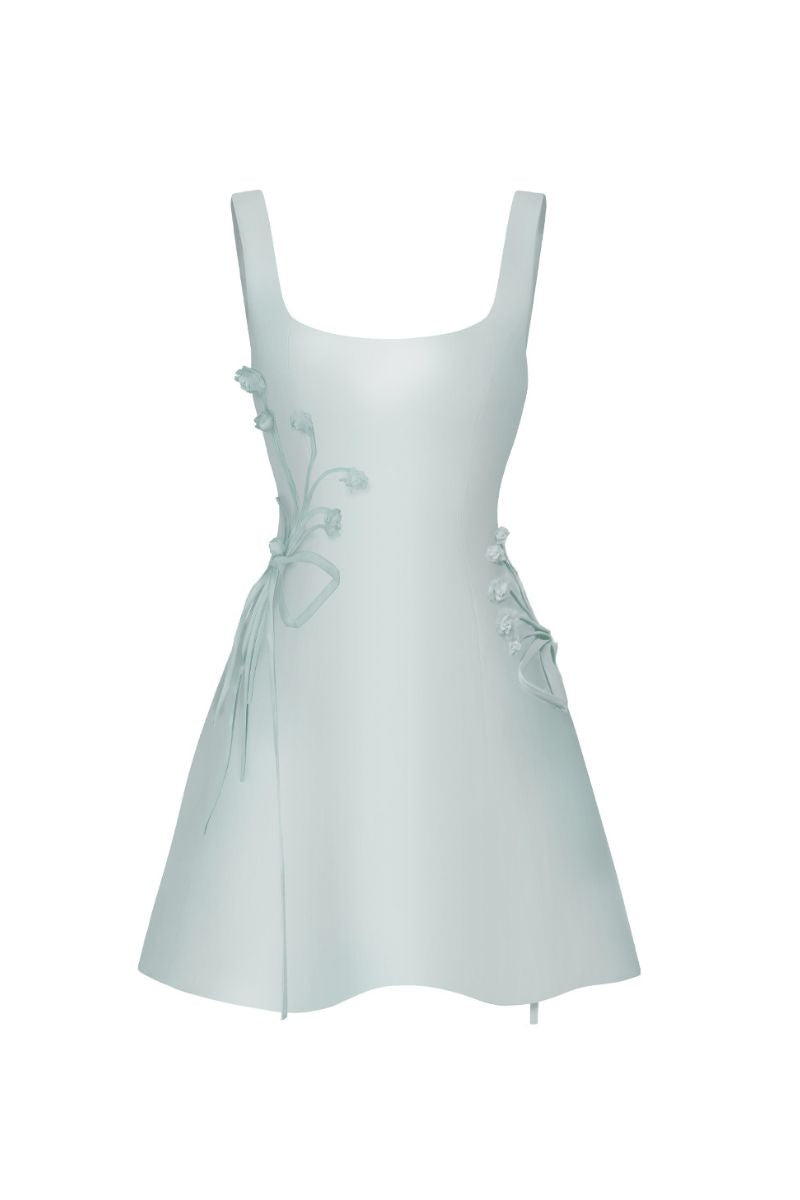 Blue CULT MIA X STOLEN STORES corset A-line mini dress, stylish and fitted, displayed on a hanger with a blurred background.