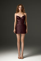 I.H.F Studio Lotus Jacquard mini column dress in fuchsia, featuring intricate woven pattern, fitted silhouette, and sleeveless design.