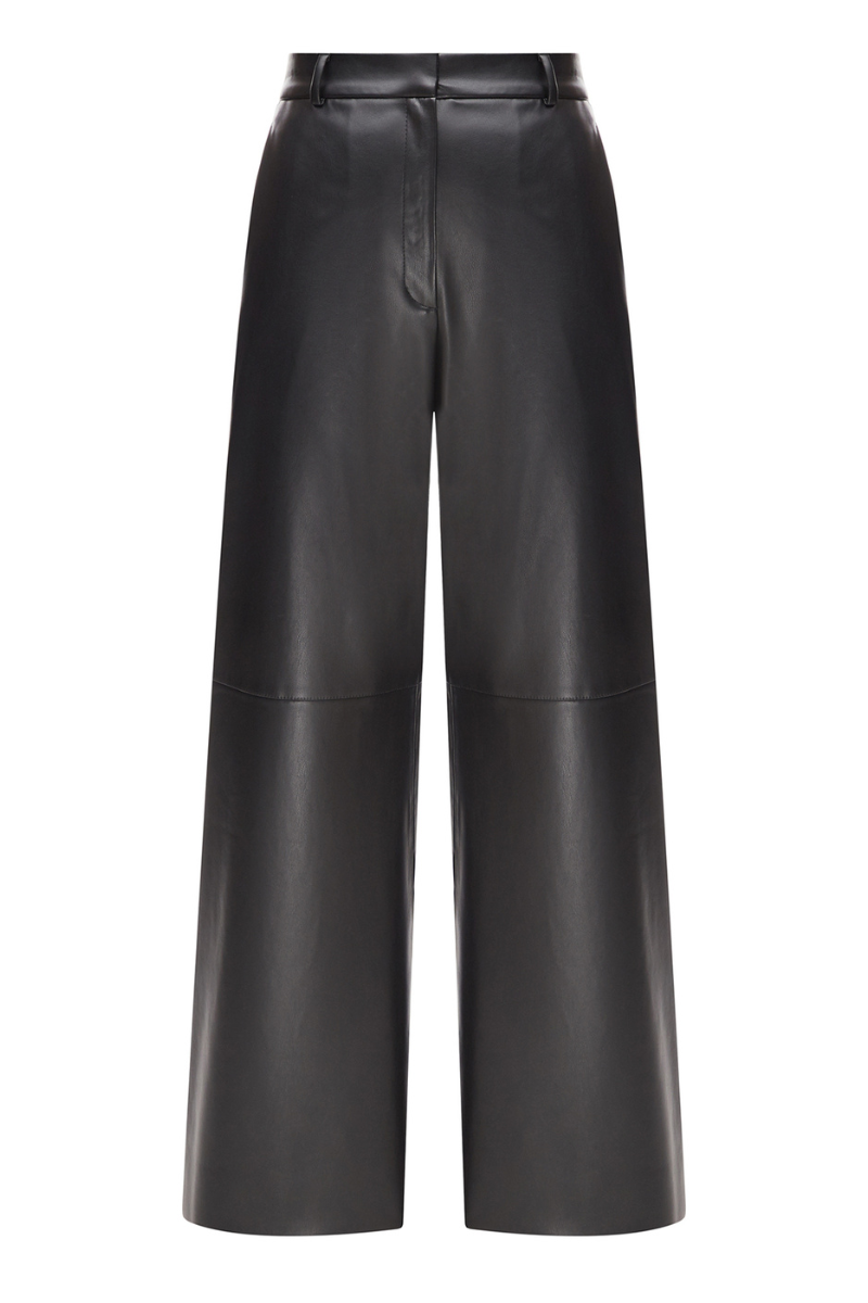 BLACK FAUX LEATHER WIDE LEG PANTS - CULT MIA
