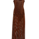Onalaja Ellis fringe brown midi dress with flowing fabric and detailed fringe design, perfect for elegant occasions.