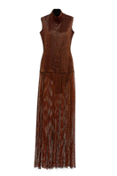 Onalaja Ellis fringe brown midi dress with flowing fabric and detailed fringe design, perfect for elegant occasions.