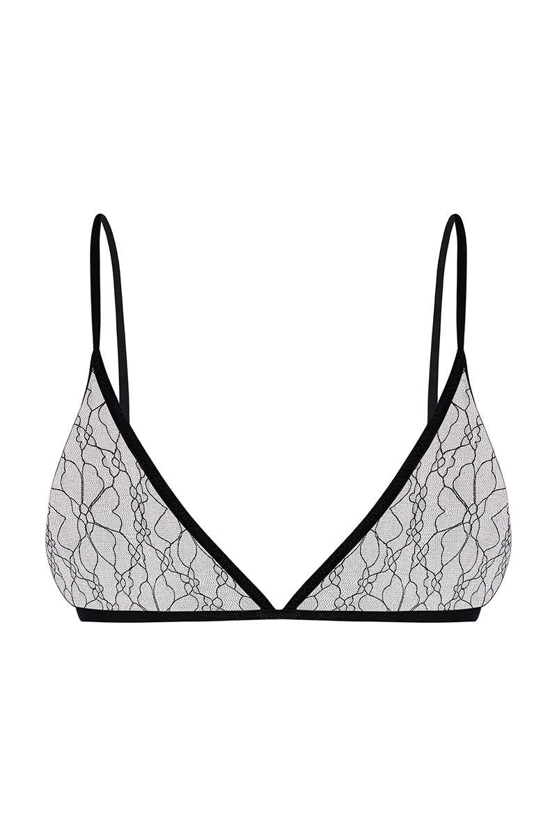 Black lace bra from Sayya featuring delicate lace details and adjustable straps, designed for stylish comfort.