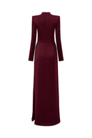 Elegant burgundy crystal silk long sleeve gown by Tracy Studio, showcasing flowing fabric and intricate detailing.