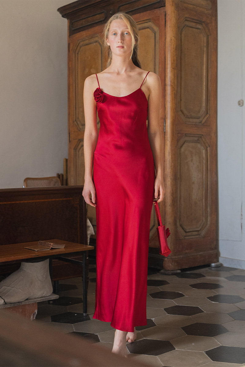 PETALS SILK BIAS-CUT DRESS IN RED - CULT MIA