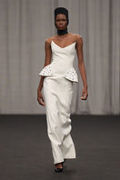 Lili Blanc strapless structured gown with a fitted bodice and flowing skirt, elegant formal evening dress.