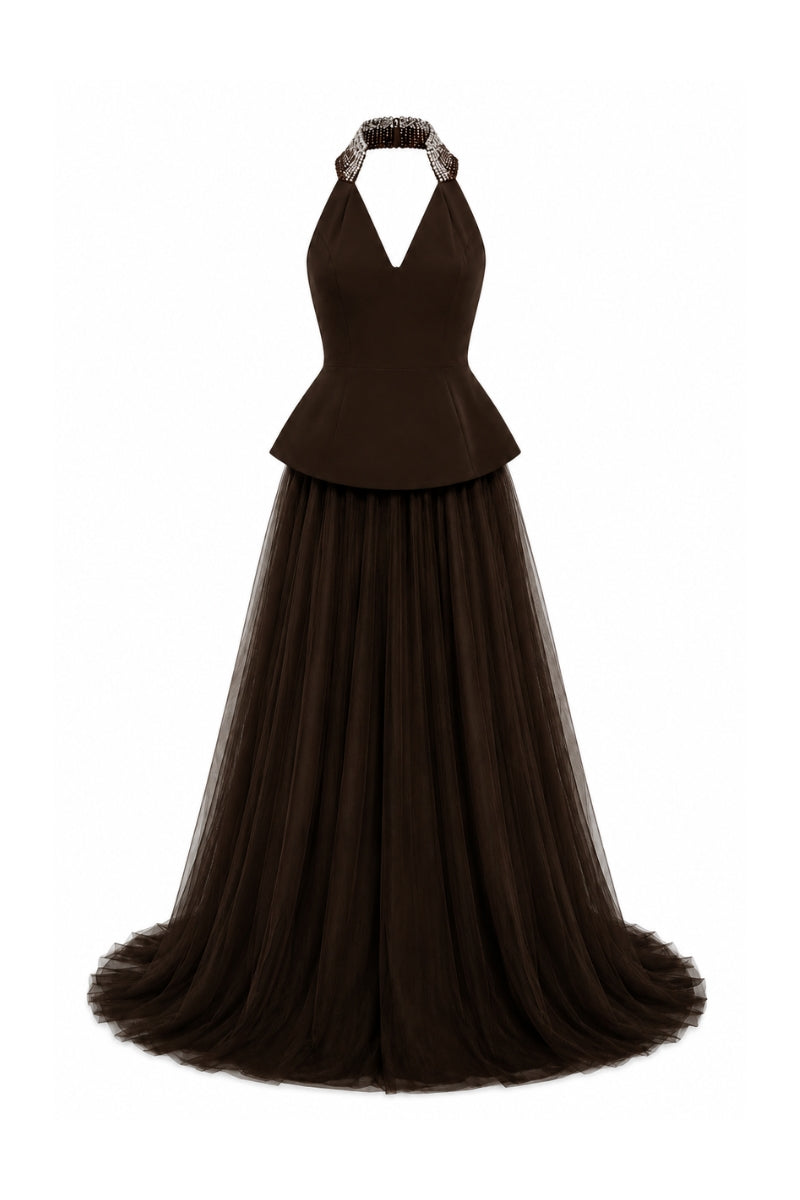 Lili Blanc brown floor-length evening gown with elegant drape and long sleeves, perfect for formal occasions.