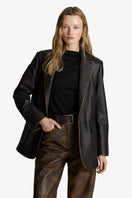 Acaria Studio Lou Boyfriend Leather Blazer in black, tailored fit with lapel collar and front pockets, stylish and versatile for casual wear.