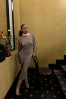Liya CULT MIA X LIYA almond frost knitted maxi dress with long sleeves and fitted silhouette, perfect for casual or evening wear.